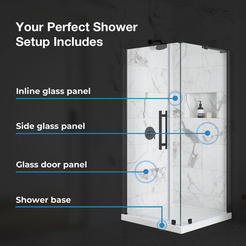 OVE Breeze Pivot Corner Frameless Pivot Shower Door Kit with Base Pan