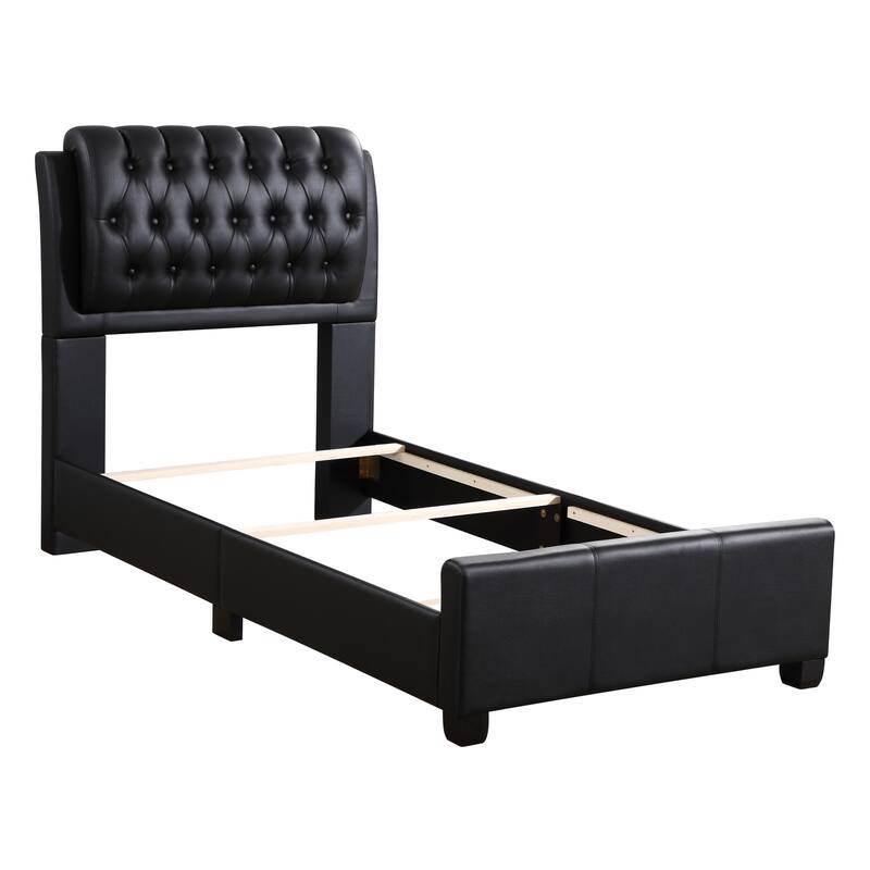 Twin Bed with Padded Headboard - Rustic Black Faux Leather Frame, Boxspring Needed, 41x83x48