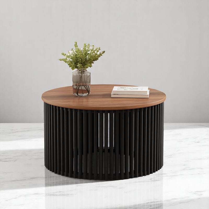 30" Round Coffee Table, Acacia Veneer Top with Solid Wood Legs, Modern Circular Accent Table for Living Room,End tables - Wood