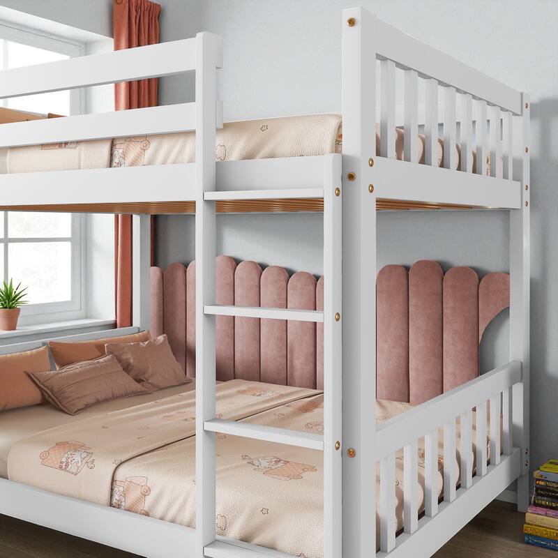 Twin Over Twin Floor Bunk Bed with Climbing Ramp and Ladder, Pine Wood Playhouse Bed with Safety Guardrails for Kids