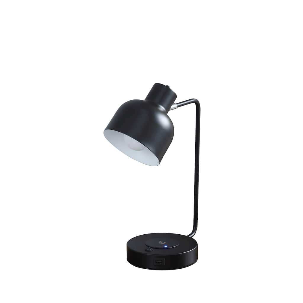 Black Metal Desk USB Table Lamp with Black Shade and Inline Switch - 6” x 9.25” x 15.25”