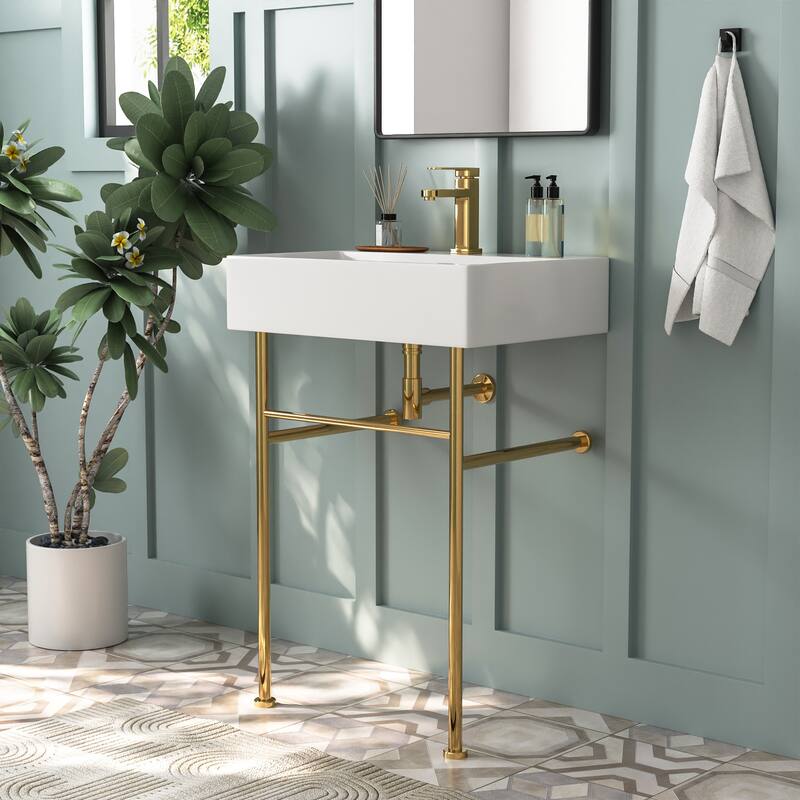 DeerValley 24" x 17'' White Rectangular Single Faucet Hole Console Bathroom Sink with Overflow