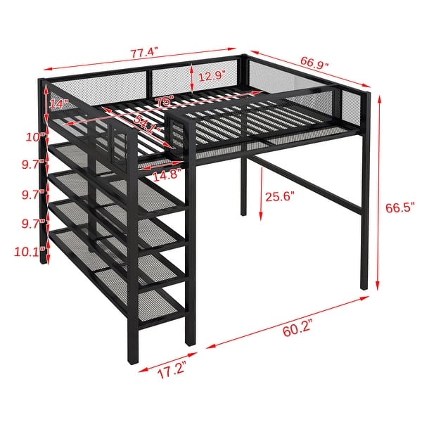 dimension image slide 1 of 4, Full Size Metal Loft Bed with 4-Tier Shelves and Storage for Home