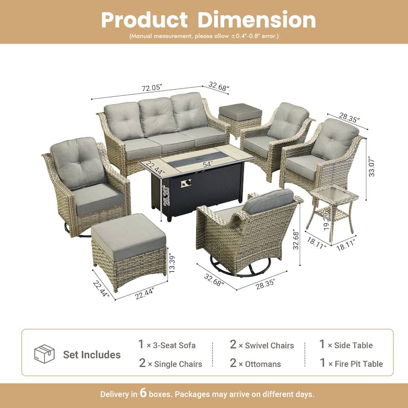 OVIOS 9 Pieces Outdoor Swivel Chairs Set with 54" Fire Table​