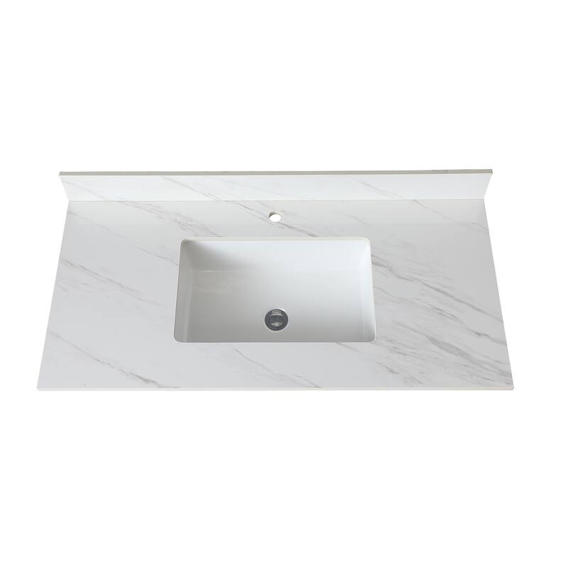 43" Bianco Venato Carrara White Vanity Top with Ceramic Sink, 4" Backsplash, Pre-Drilled Faucet Hole, Sintered Stone Material