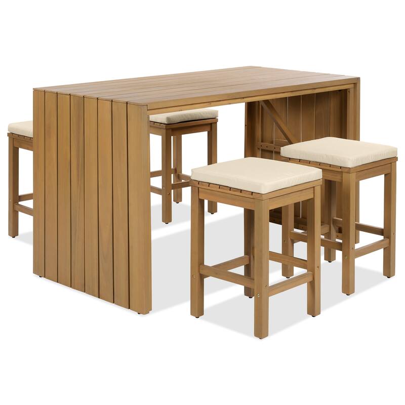 5-Piece Patio Acacia Wood Bar Set with Bar Height Table abd Four Stools