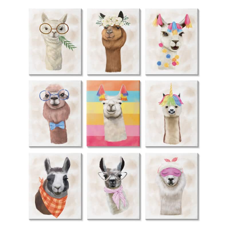 Stupell Playful Llama Portraits Funny Animal Fashion 9 Piece Canvas Wall Art Set Design By Ziwei Li - 11 x 14