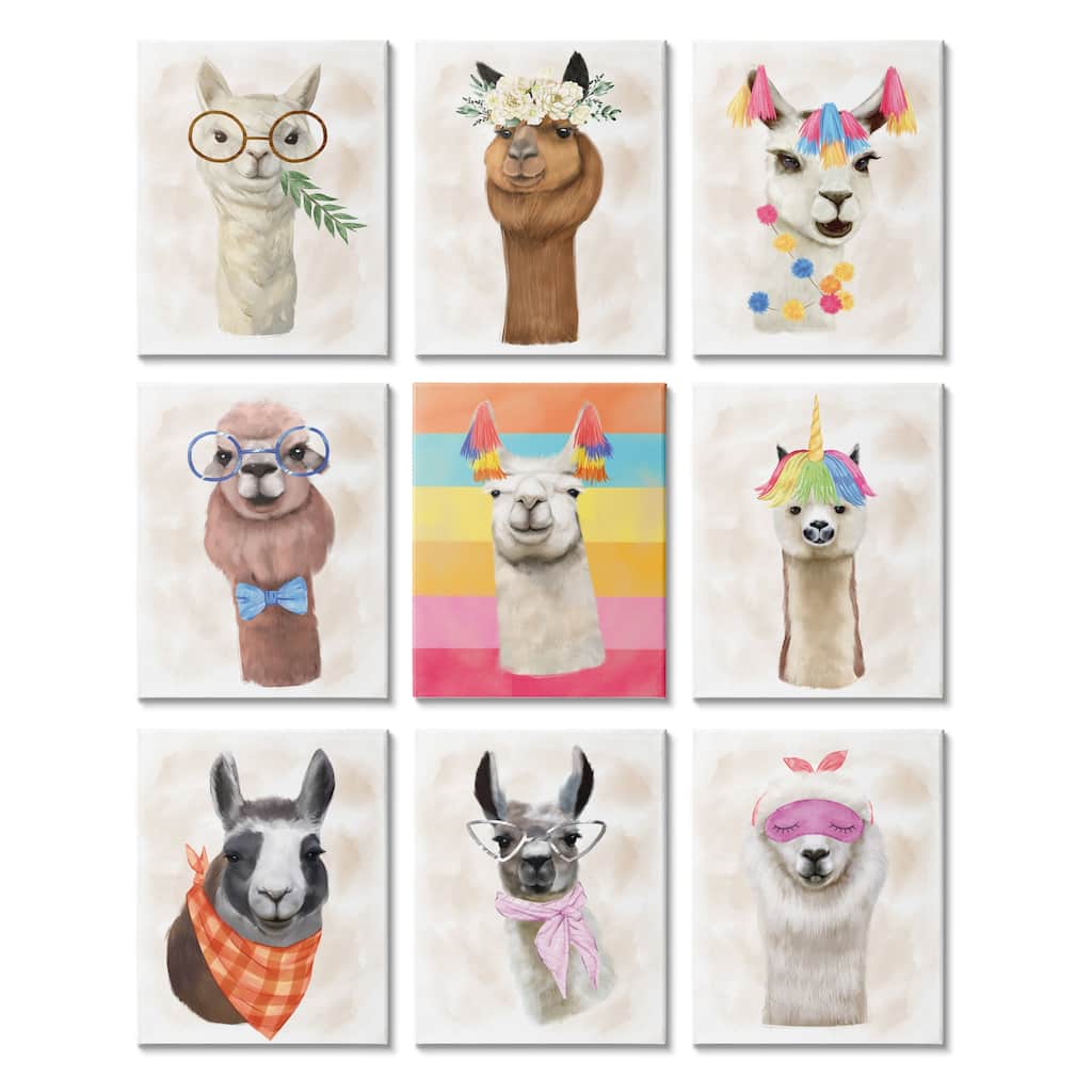 Stupell Playful Llama Portraits Funny Animal Fashion 9 Piece Canvas Wall Art Set Design By Ziwei Li