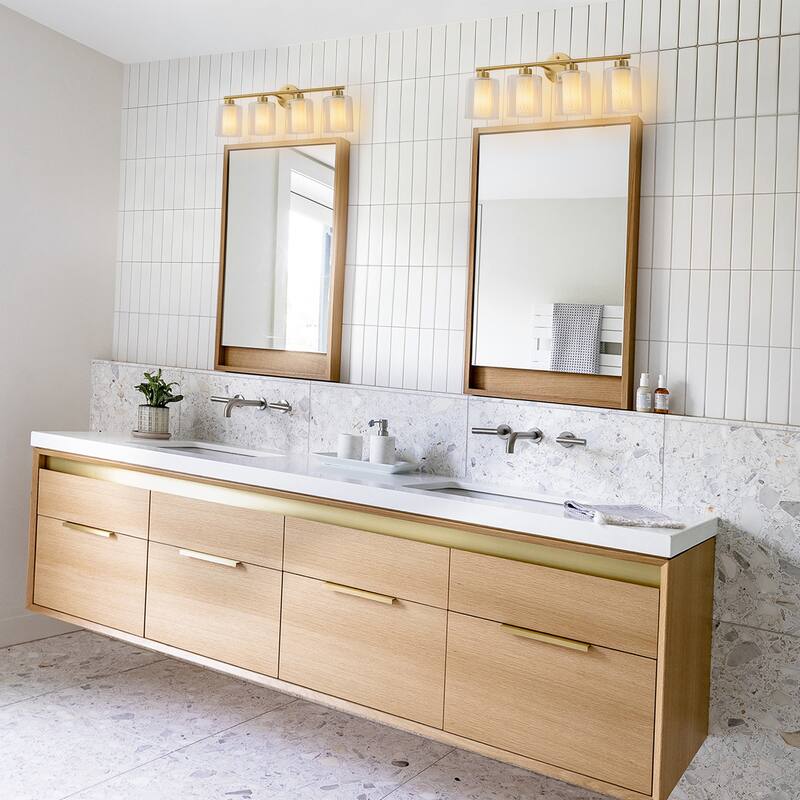 Modern Gold Vanity Light with Double Cylinder Shades Bathroom