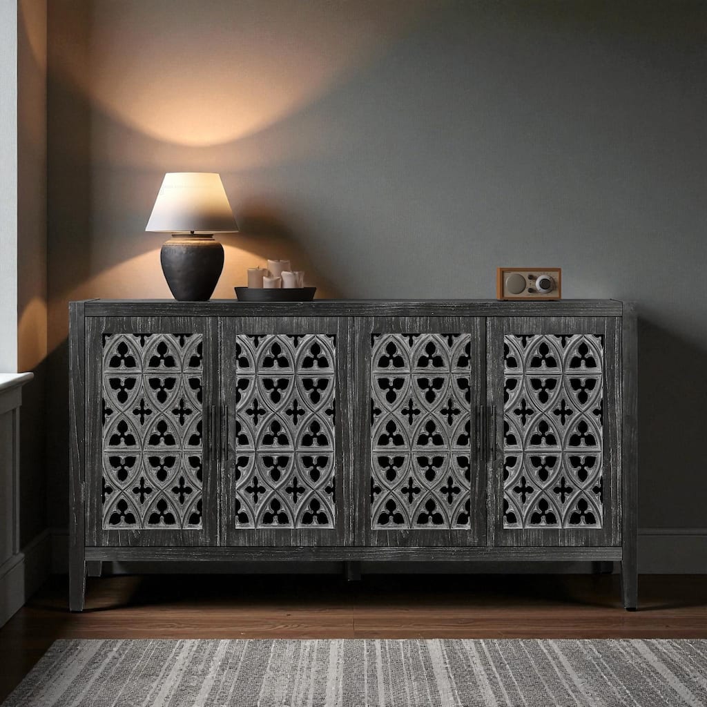 59.8" Hollow Carved 4-Door Antique Sideboard Buffet Cabinet, American Country Style Storage Console for Living Room