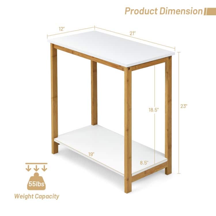 23 Inch Height 2-tier End Table with Bamboo Frame and Bottom Shelf-White - 21" x 12" x 23" (L x W x H)