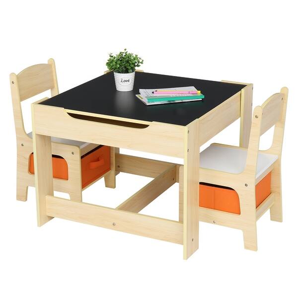 slide 2 of 14, 3 Piece Multi-Functional Children's Wooden Table and Chair Set with Two Storage Bags - (24.21 x 24.21 x 18.90)" (L x W x H). Natural-White