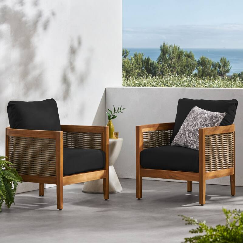 Burchett Outdoor Acacia Wood and Wicker Club Chairs (Set of 2) with Optional Sunbrella Cushions by Christopher Knight Home - Sunbrella Black Cushion