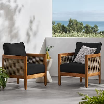 Burchett Outdoor Acacia Wood and Wicker Club Chairs (Set of 2) with Optional Sunbrella Cushions by Christopher Knight Home
