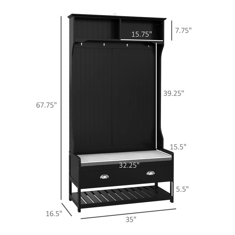HOMCOM Coat Rack and Bench Hall Tree Organizer with 4 Hooks, 2 Drawers with Padded Seat Cushions for Entryway, Black