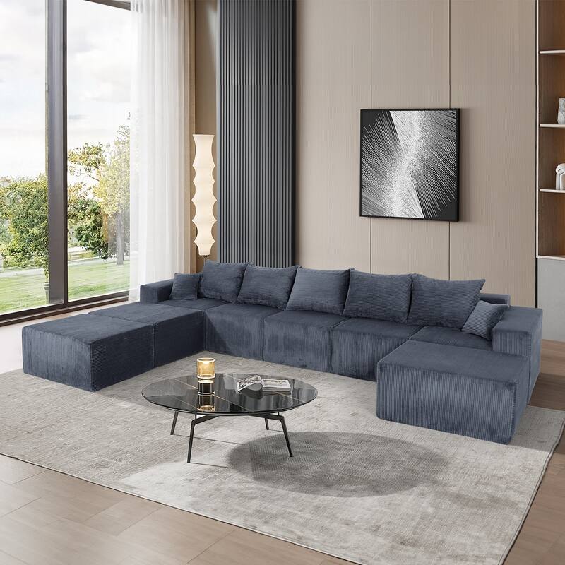 Modular Sleeper Sectional Sofa Bed Convertible Large Corduroy U-shaped Compressed Couch with Chaise Lounge and Spacious Seat