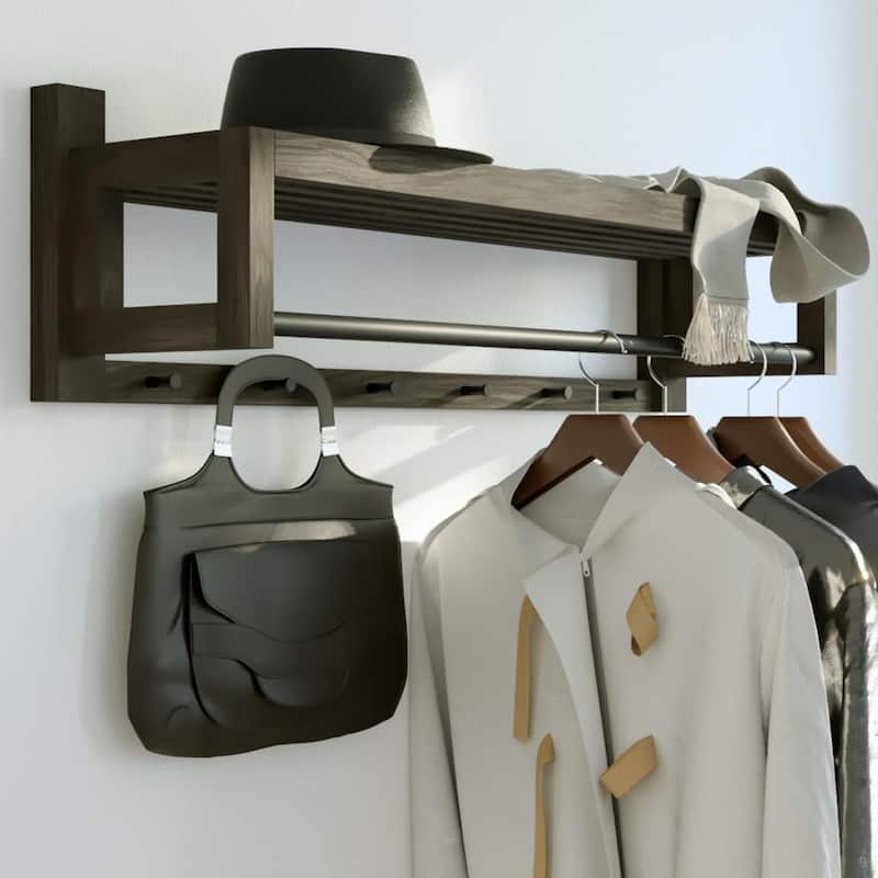 Solid Oak Hardwood Coat Rack - Black Metal Knobs & Hanger Bar