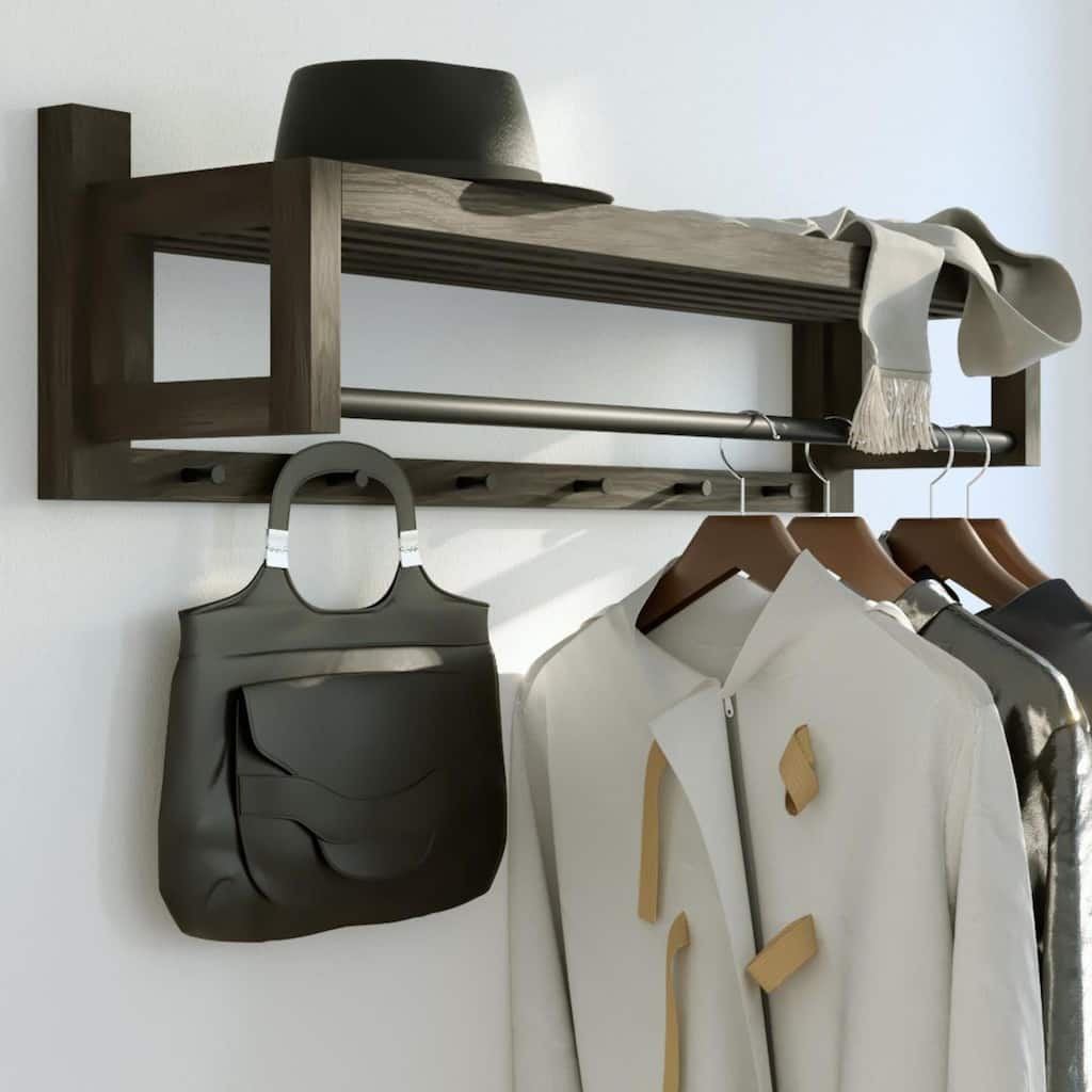Solid Oak Hardwood Coat Rack - Black Metal Knobs & Hanger Bar