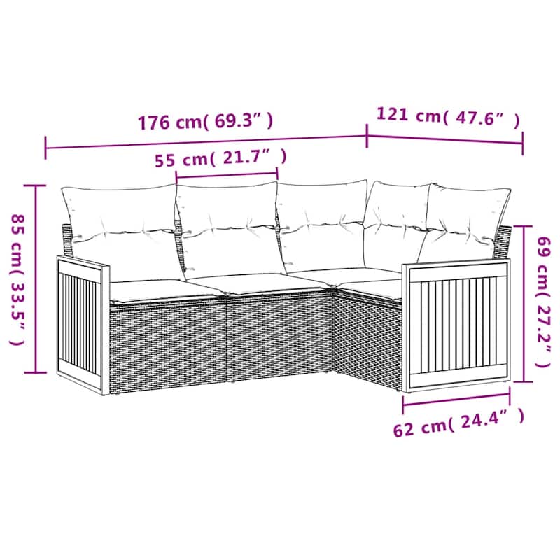 vidaXL Patio Sofa Set with Cushions Outdoor Conversation Furniture Poly Rattan - 24.4 x 24.4 x 27.2