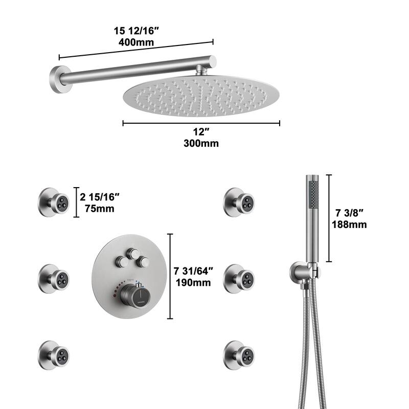 CASAINC 3-function Luxury Thermostatic Dual Shower Faucet Shower System with 6 Body Spray Jets