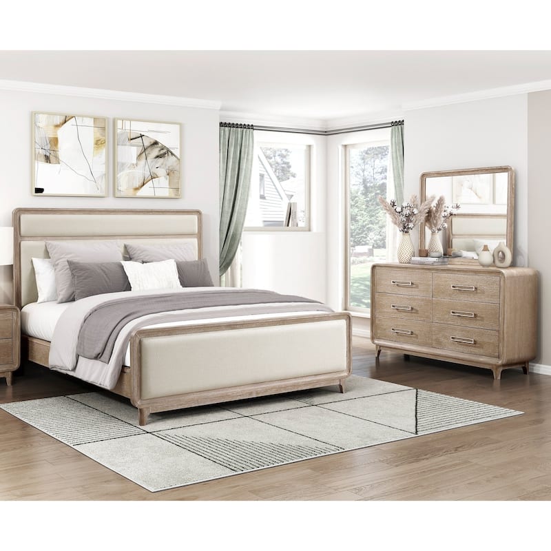 3pc Bedroom Contemporary Set Upholstered Bed Dresser Mirror Natural Finish