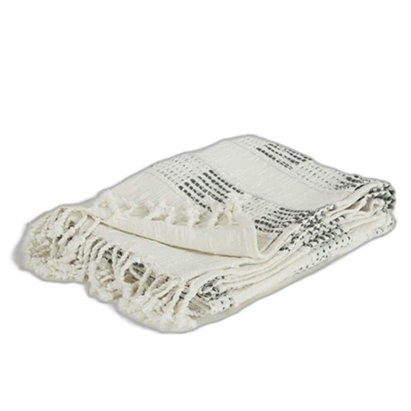 HomeRoots Beige and Gray Woven Cotton Throw Blanket with Fringe