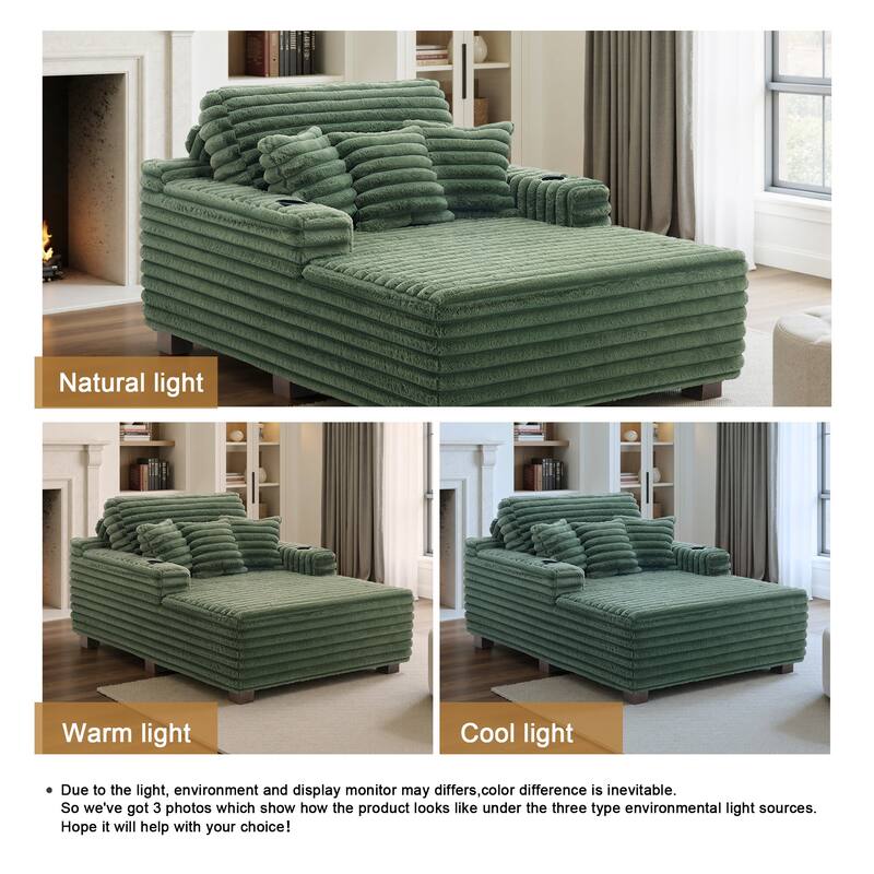 53"W Oversized Plush Fur-Like Chaise Lounge Sofa with Cup Holder