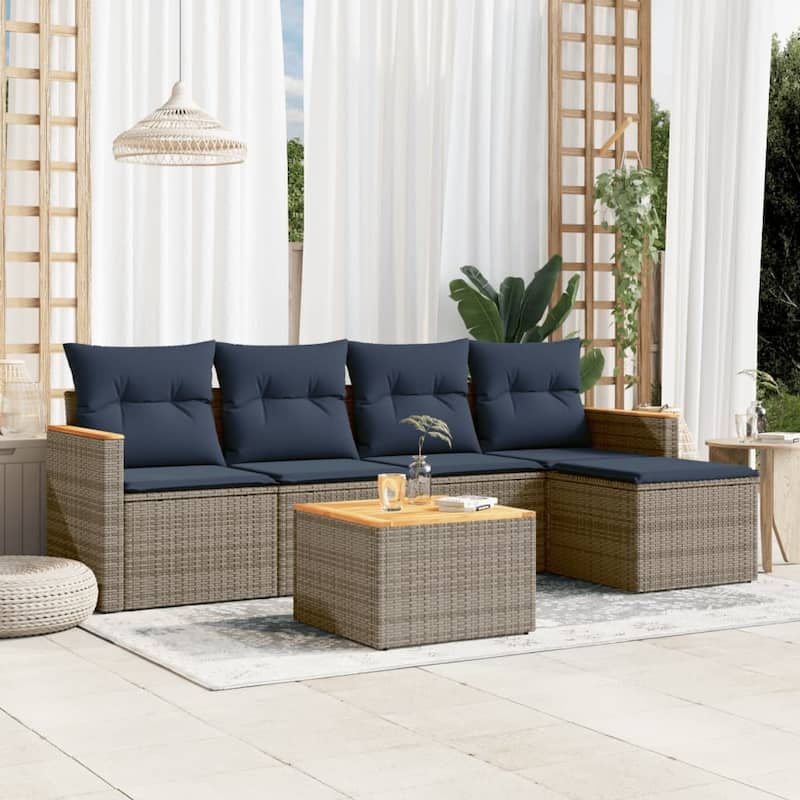 vidaXL Patio Sofa Set with Cushions Outdoor Conversation Furniture Poly Rattan - 21.7x 24.4x 27.2 - Grey and Blue-With table