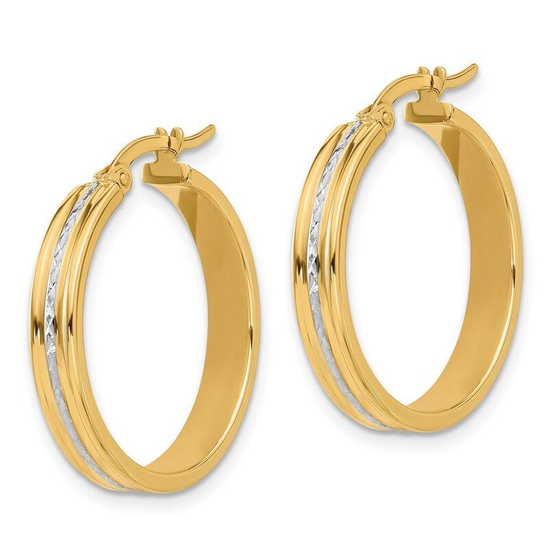 Curata 14k Yellow Gold White Rhodium Polished and Diamond cut Hoop Earrings - 24.75x24mm