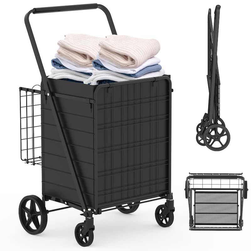 Foldable Extra Large Grocery Shopping Cart w/ Double Basket and 360 Rolling Swivel Wheels