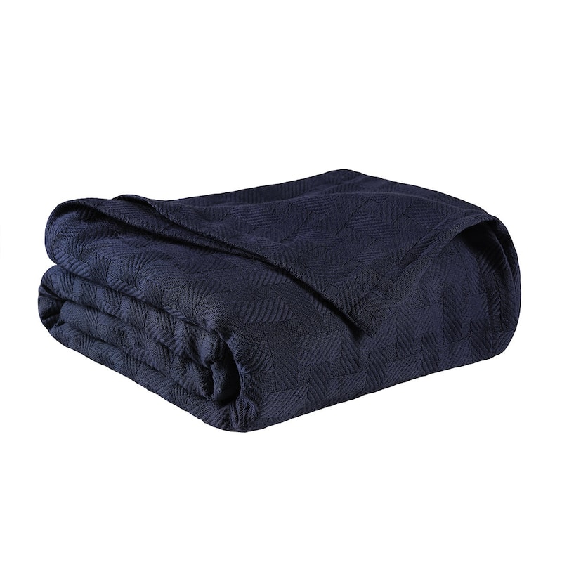 HomeRoots King Navy Blue Cotton Basketweave Geometric Blanket
