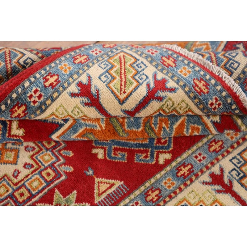 Red Geometric Kazak Oriental Rug Hand-Knotted Traditional Wool Carpet - 4'1" x 5'10"