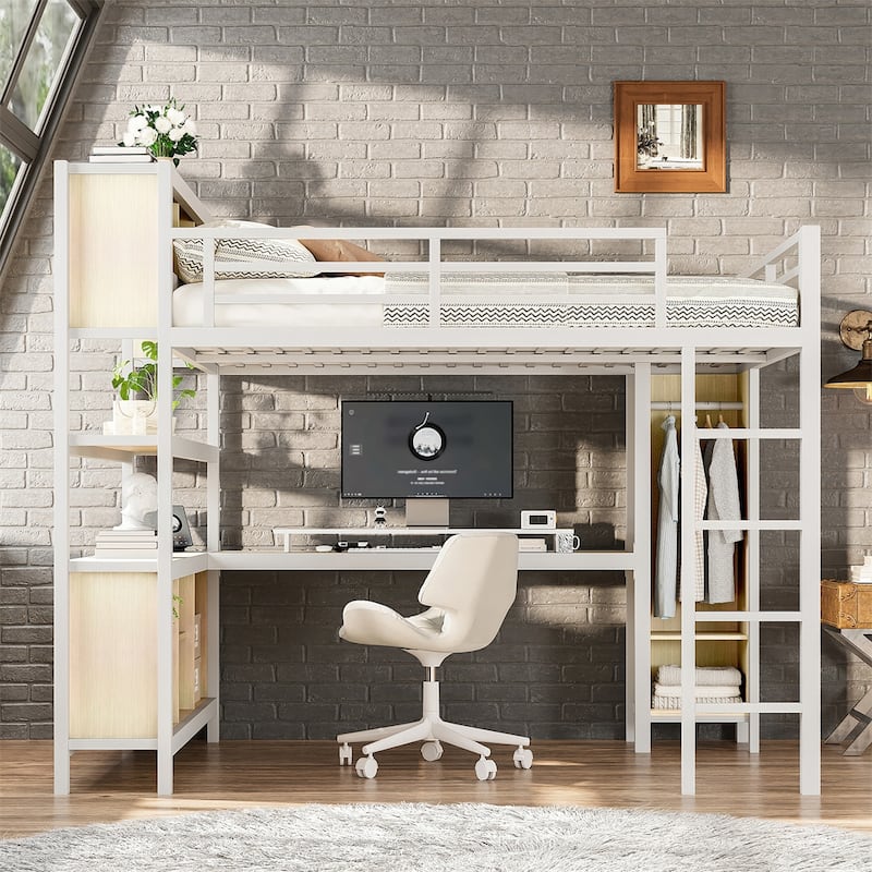 Metal Loft Bed with Wardrobe And L-shaped Desk,Queen Size Loft Bed