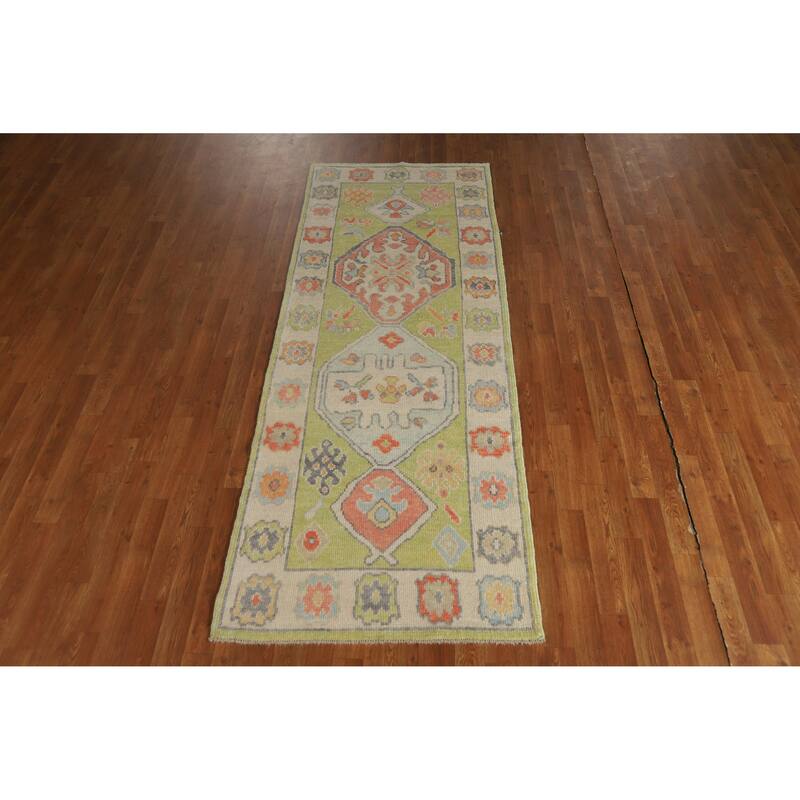 Hand Knotted Oriental 100% Wool Carpet Transitional Geometric Green Oushak Runner Rug - 8' 3'' X 3' 1''