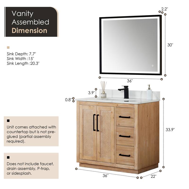 Floral Single Bathroom Vanity in Light Brown with Calacatta White Quartz Countertop with Mirror