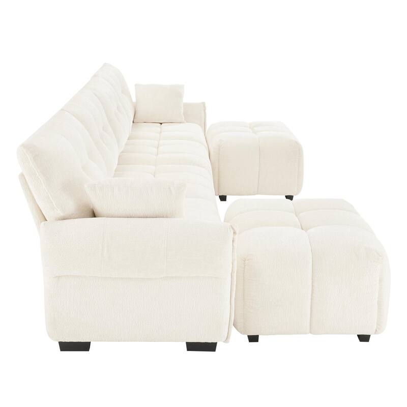 141.7" Chenille 4-Seater Sofa Set with 2 Ottomans, Solid Wood Frame and High-Resilience Cushions