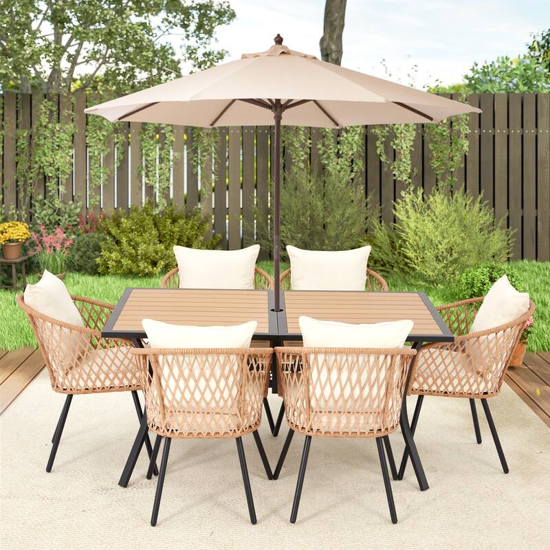 EROMMY 7 Piece Outdoor Dining Set with Umbrella Hole, Patio Table and 6 Rattan Chairs with Cushions, Weather-Resistant Furniture