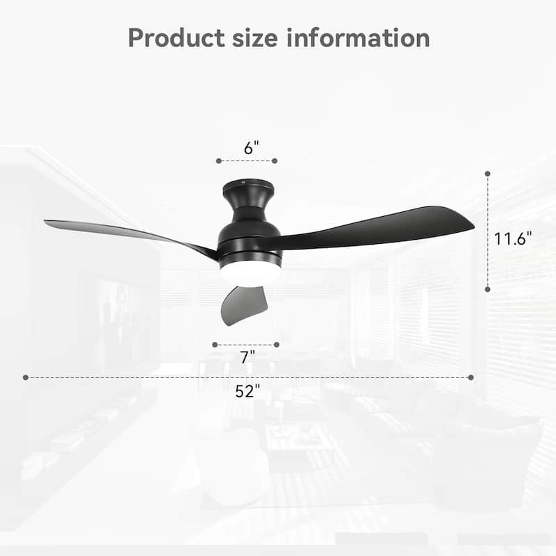 52-Inch Fulsh Mount Ceiling Fan With Light, Timer Setting - Black