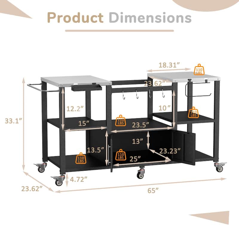 VEIKOUS Heavy Duty Stainless Steel Outdoor Grill Table, Rolling Cart with Table Top - 65''×23.62''×33.1''