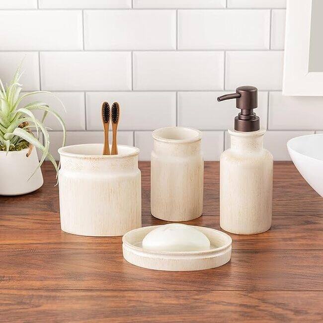 Creative Scents Rustic Luxe Farmhouse Bathroom Accessories Set of 4 - Beige