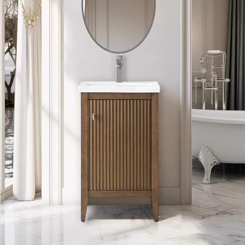 Vanity Art 20" Single Sink Bathroom Vanity Cabinet with Ceramic Top - 20"/Brushed Nickel Handle - Linear Walnut
