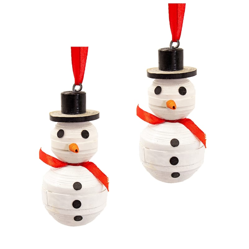 Paper Mache Snowman Handcrafted Haitian Ornament, Set of 2 - N/A