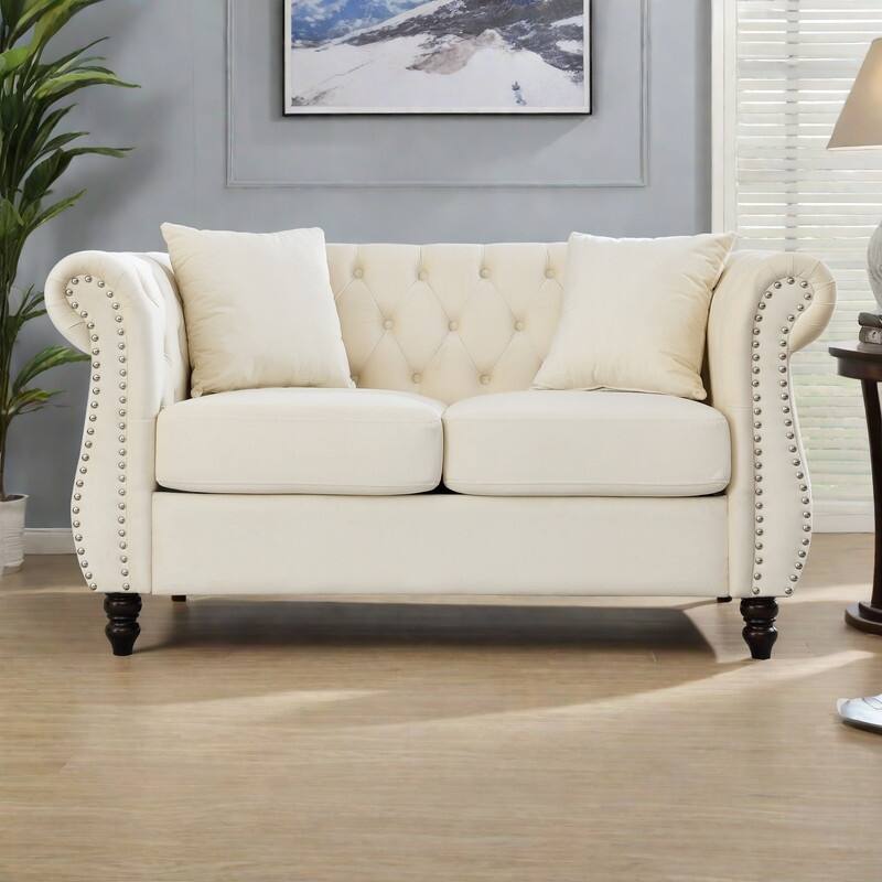 58.8" Velvet Chesterfield 2-Seater Sofa with Rolled Arms, Nailhead Trim, and 2 Pillows - Beige