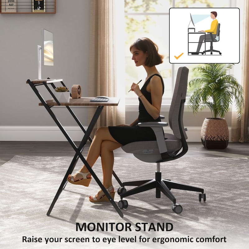 Folding Desk with Monitor Shelf Compact Space Saving Workstation for Home Office