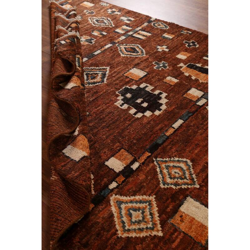 Hand Knotted Oriental 100% Wool Carpet Modern Tribal Brown Moroccan Area Rug - 9' 6'' X 6' 9''