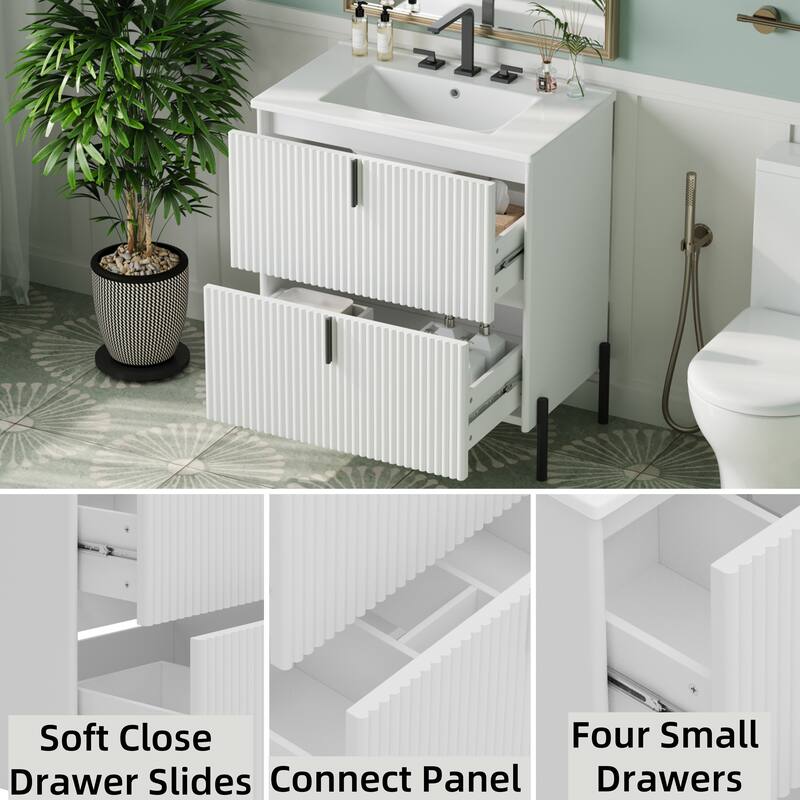 30" Bathroom Vanity with Ceramic Sink, Fluted Design, Full-Extension Drawers, Soft Close Drawer Slides