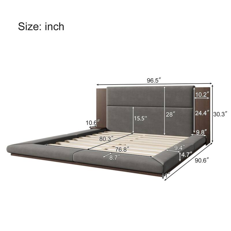 King Size Floor Bed Upholstered Bed with Extended Wood Headboard and Bedside Shelf No Box Spring Needed Grey Platform Bed