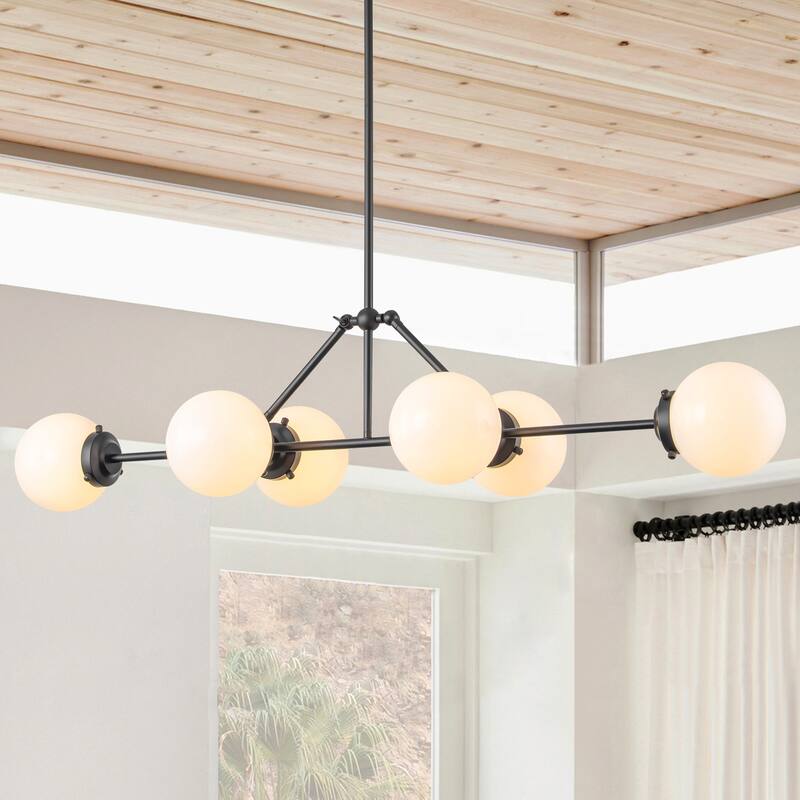 6-Light Dimmable Modern Metal & Glass Pendant Light with Adjustable Rods for Dining Room