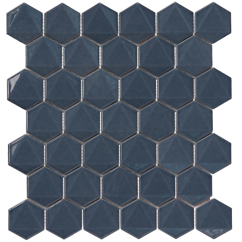 3D Hexagon 2" x 2" Glossy Porcelain Mosaic Tile - 5 sheets (4.90 sf) - Blue