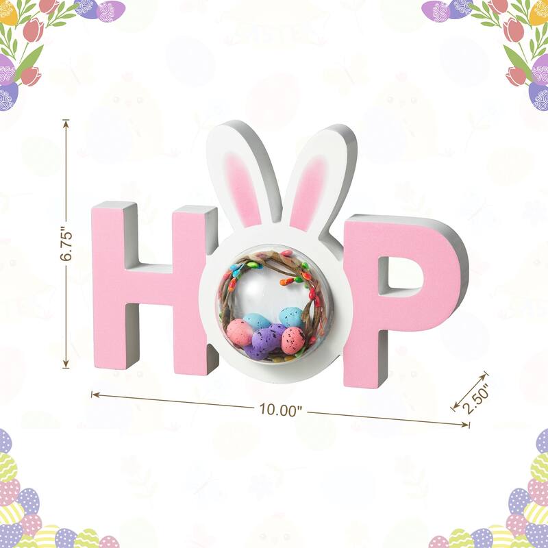 Glitzhome Wooden EASTER HOP Happy Easter with Artificial Rattan Table Sign Decor Centerpiece